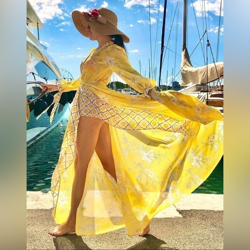 Elegant Bohemian Floral Tropical Print Long Sleeve Maxi Swimsuit Coverup Kimono - Picture 3 of 13